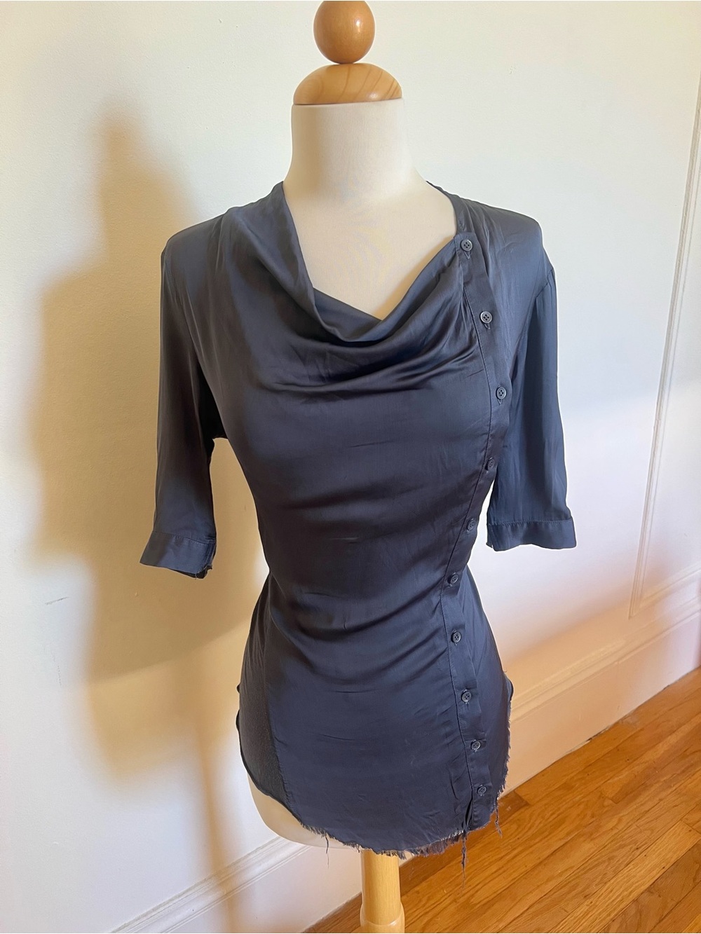Helmut Lang Slate Gray Silk Cowl Neck Blouse Asymmetrical Button Top S
